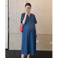 诺初宠爱牛仔连衣裙女夏V领短袖宽松显瘦中长款气质裙