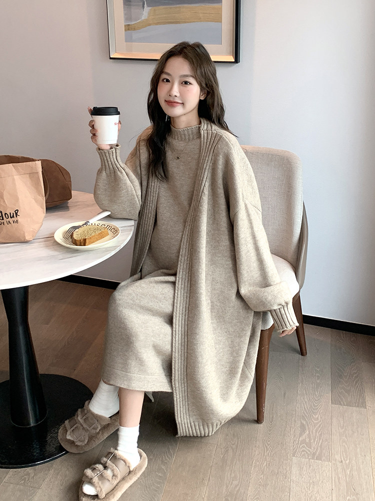절묘한 핫맘 출산복 니트 카디건 조끼 드레스 투피스 세트 중간 길이 느슨한 가을 겨울 두꺼운 스웨터 재킷