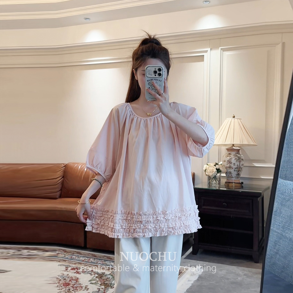 孕婦木耳花邊短袖襯衫圓領上衣