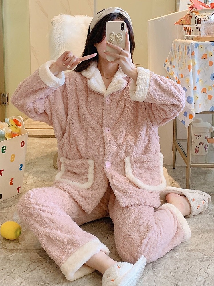 산모 잠옷 가을 겨울 산후 수유 수유복 산호 벨벳 라펠 두꺼운 플러스 벨벳 따뜻한 요양원복