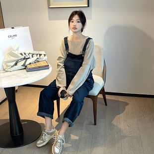 青春~孕妇牛仔背带裤春季套装韩国时尚显瘦小个子休闲工装裤潮妈