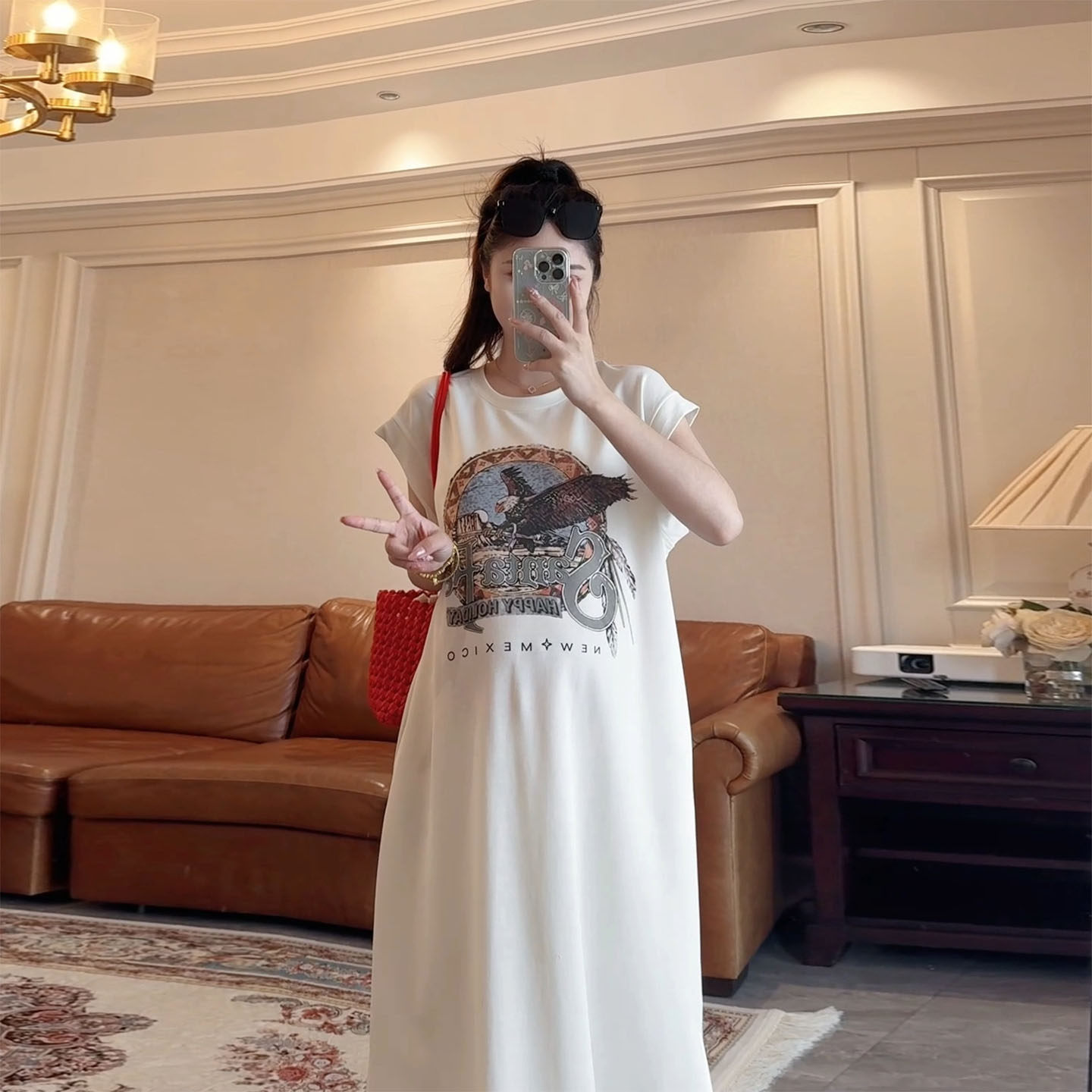 纯棉美式复古老鹰印花孕妇T恤裙