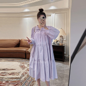 蛋糕拼接中长款 花边木耳边系带连衣裙长袖 直筒裙 新款 诺初日系春季