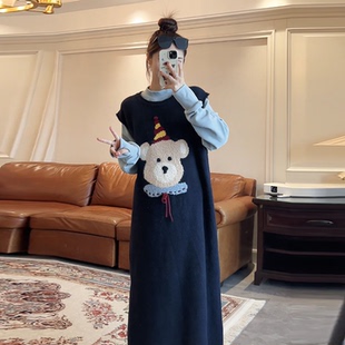 诺初孕妇装 小熊卡通毛衣背心裙秋冬甜美连衣裙子 塔斯学院套装