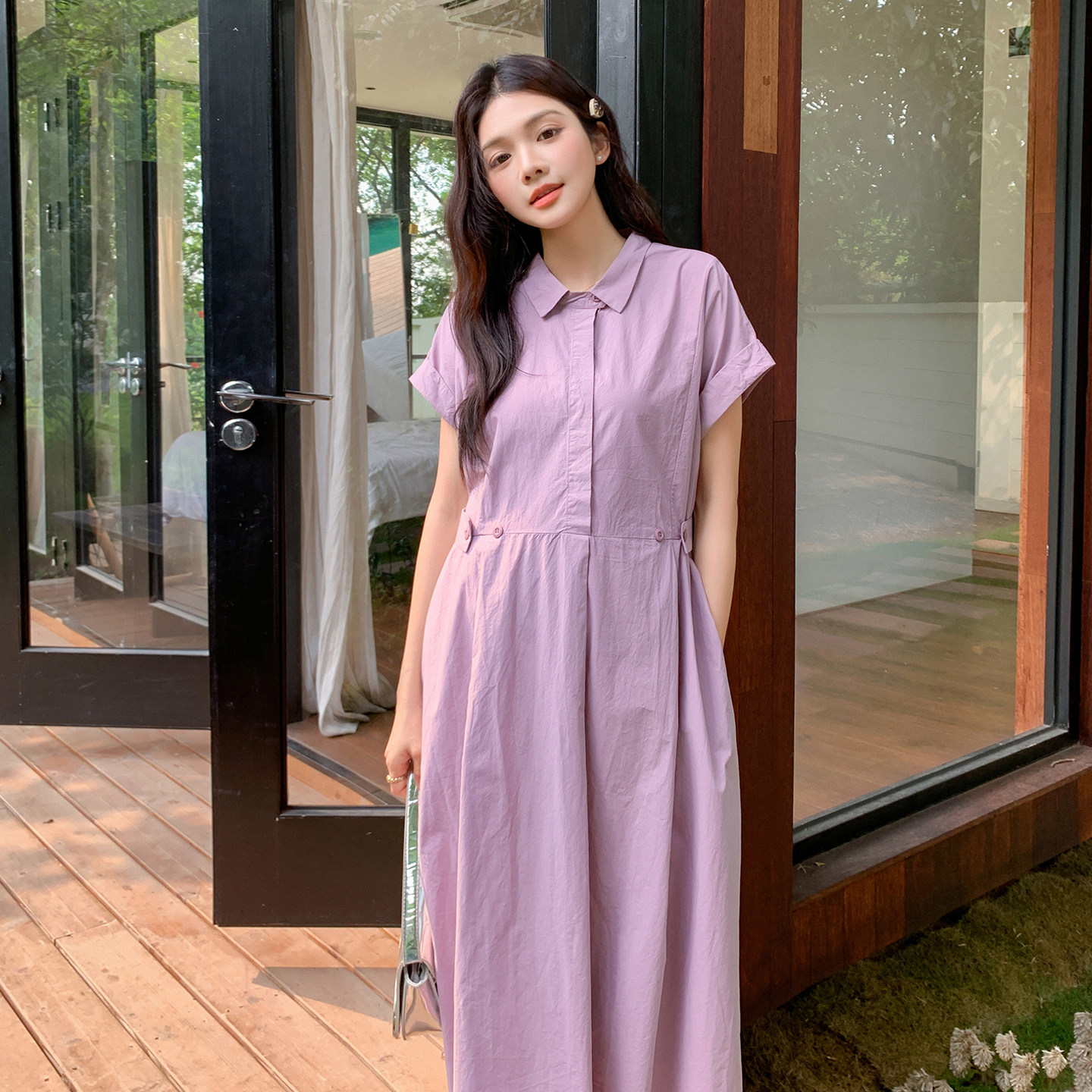 诺初宠爱衬衫连衣裙女夏短袖收腰显瘦中长款紫色通勤裙