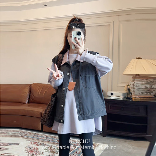 孕妇工装牛仔马甲外套上衣