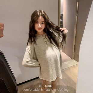 长袖 慵懒风连帽衫 简约百搭三粒扣时尚 新款 T恤休闲上衣潮 孕妇秋季