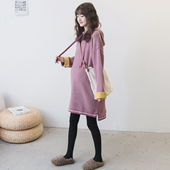 孕妇装 潮 宽松条纹连帽卫衣针织打底裙冬季 秋冬毛衣中长款 韩国时尚