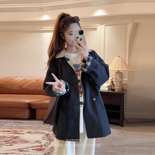 宽松气质夹克 孕妇撞色拼接格纹翻领风衣外套女2025秋季 诺初