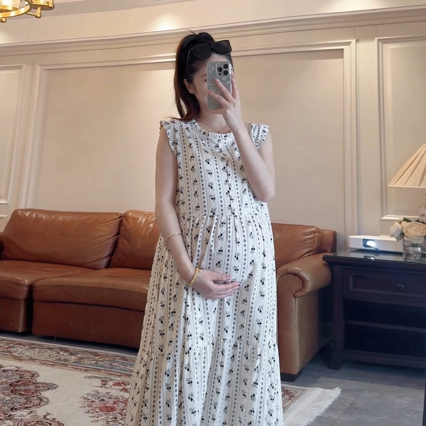 孕妇法式高腰显瘦中长无袖连衣裙
