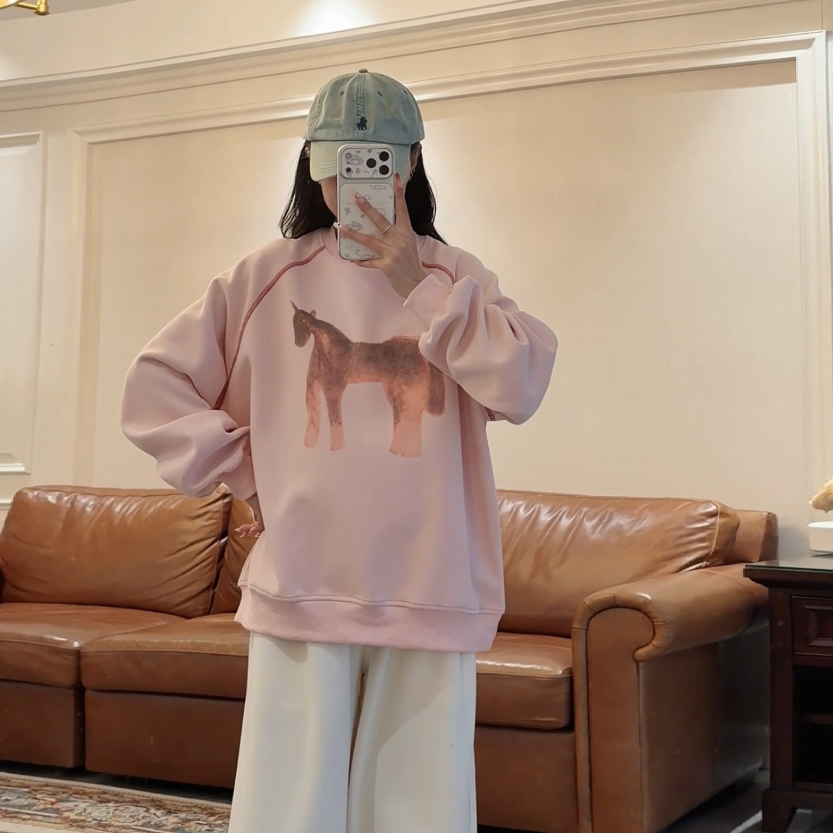 大码小马印花加厚宽松开运卫衣
