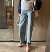 新款 春秋装 宽松直筒裤 外穿托腹孕妇裤 遮胯 子长裤 浅蓝孕妇牛仔裤