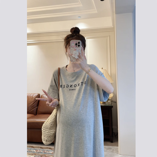 孕妇过膝字母夏季短袖t恤裙休闲