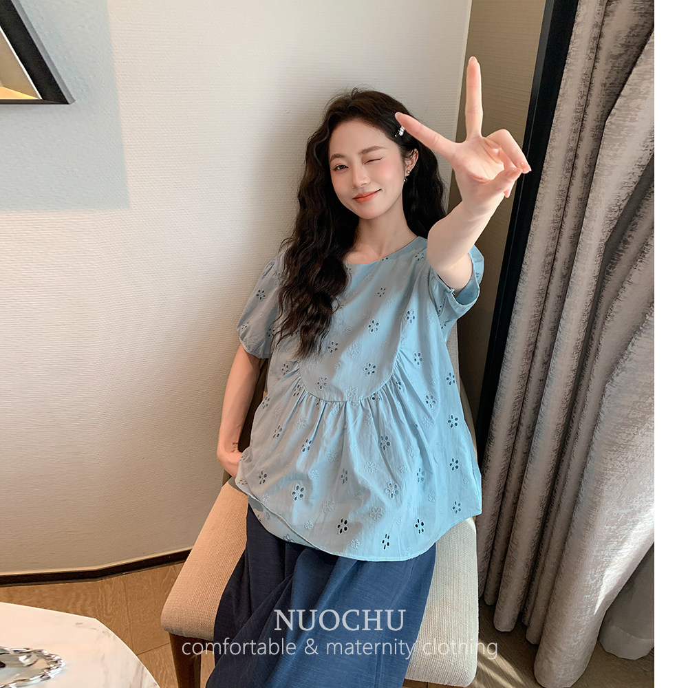 诺初孕妇装◆蓝色刺绣镂空衬衫上衣夏装+小个子无托腹阔腿裤套装