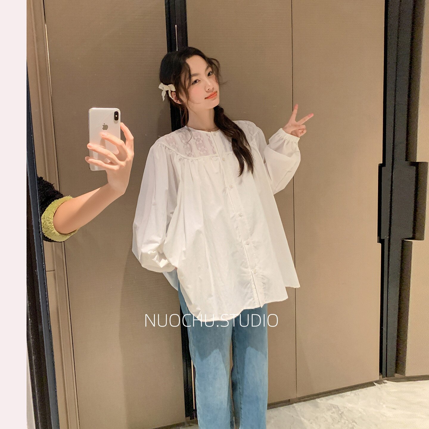 ◆诺初◆孕妇蕾丝拼接衬衫春秋宽松显瘦遮肚孕期外出百搭休闲上衣