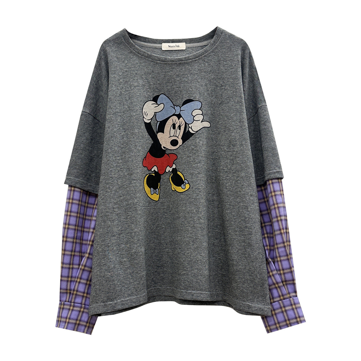 诺初◆孕妇春季棉质T恤格子拼接袖设计感假两件卡通印花长袖上衣