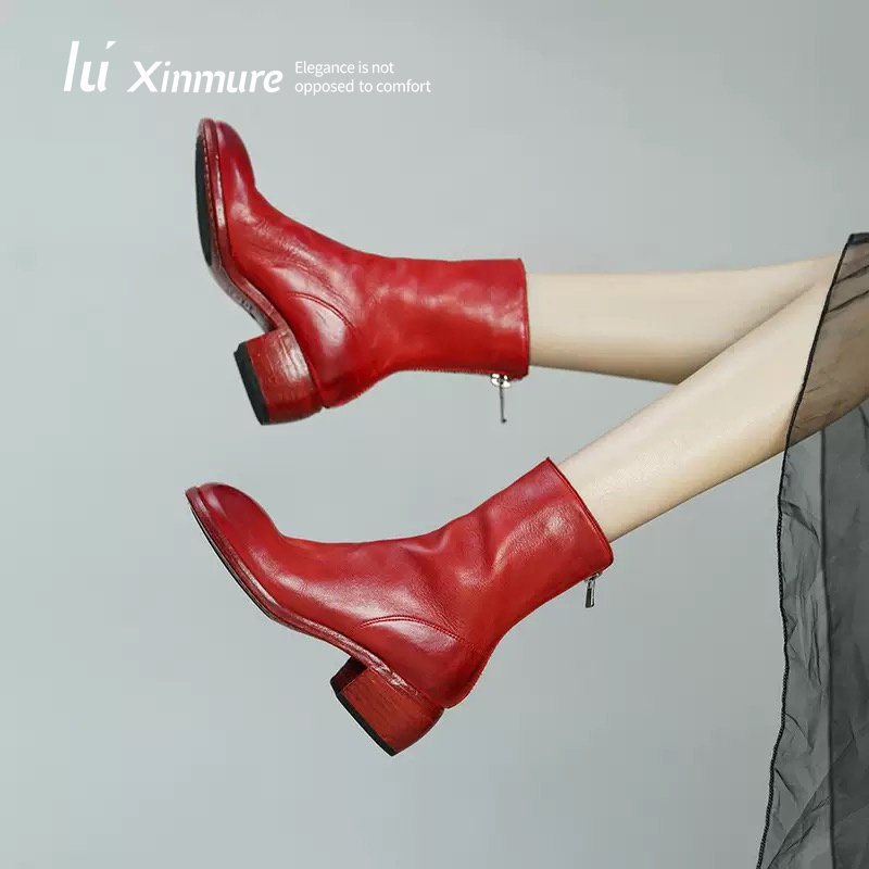 Lu' Xinmure 意大利马皮 短靴女鞋真皮倒靴复古风 真皮大底女靴子