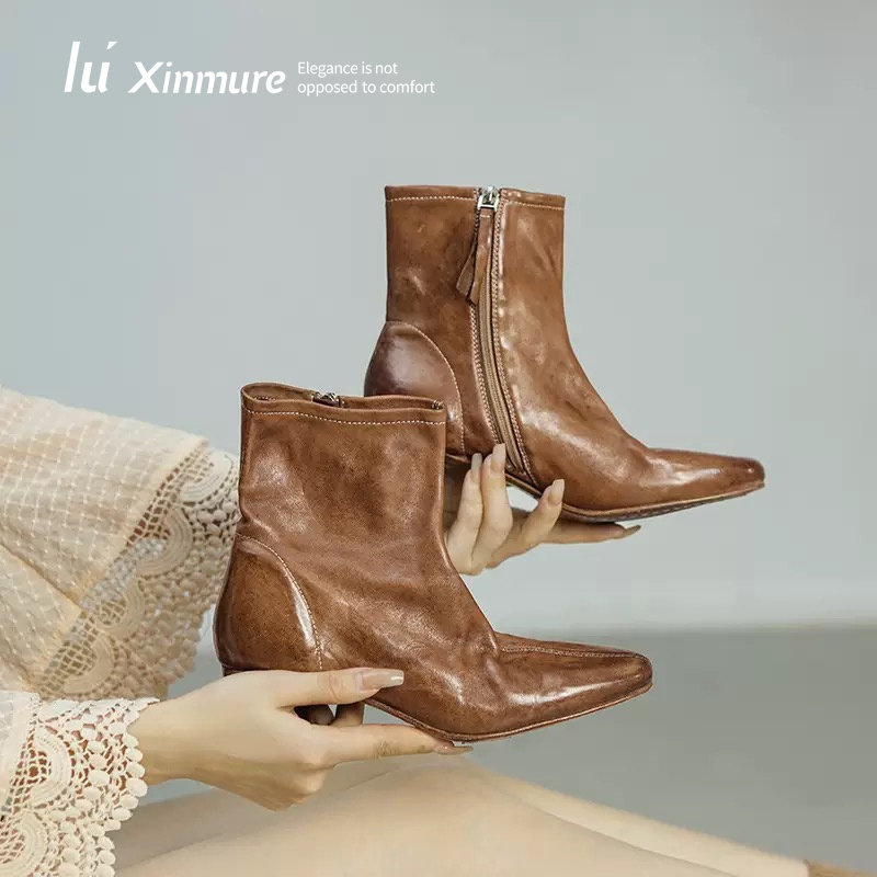 Lu' Xinmure 意大利水洗马皮短靴 新款女靴时装靴小裸靴小皮靴