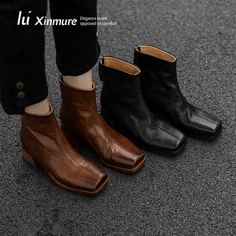 Lu' Xinmure 水洗牛皮短靴 新款女靴粗跟靴 春秋单靴复古小皮靴