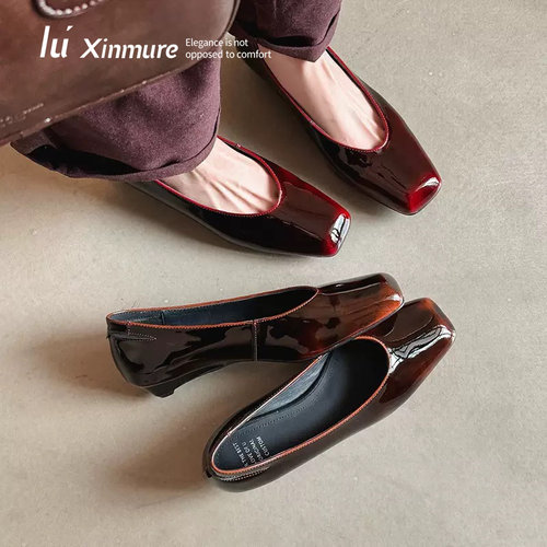 Lu' Xinmure 意大利头层牛皮高跟鞋 方头粗跟低跟鞋真皮浅口单鞋