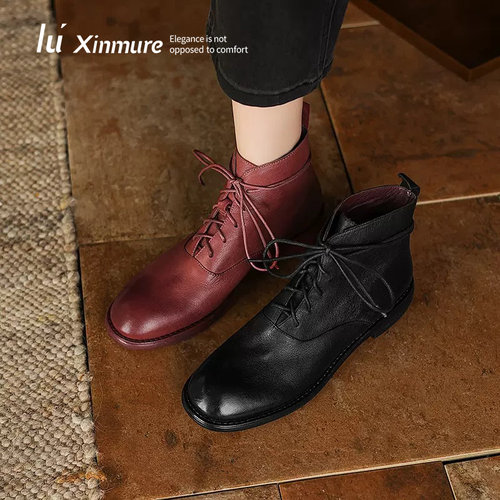 Lu' Xinmure 意大利水洗羊皮马丁靴 女靴粗跟低跟时装靴复古靴女