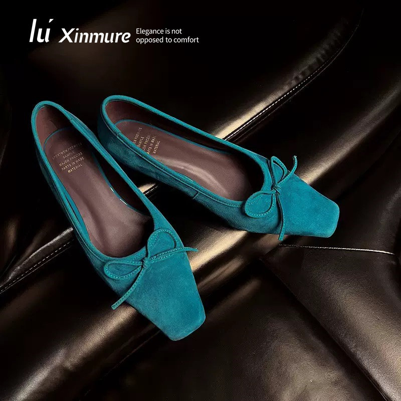 Lu' Xinmure 意大利方头中跟浅口杯 女鞋高跟鞋蝴蝶结上班鞋蓝色