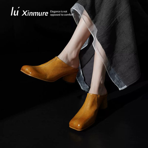 Lu' Xinmure 意大利水洗马皮 包头拖鞋复古 粗跟中跟半拖懒人拖鞋