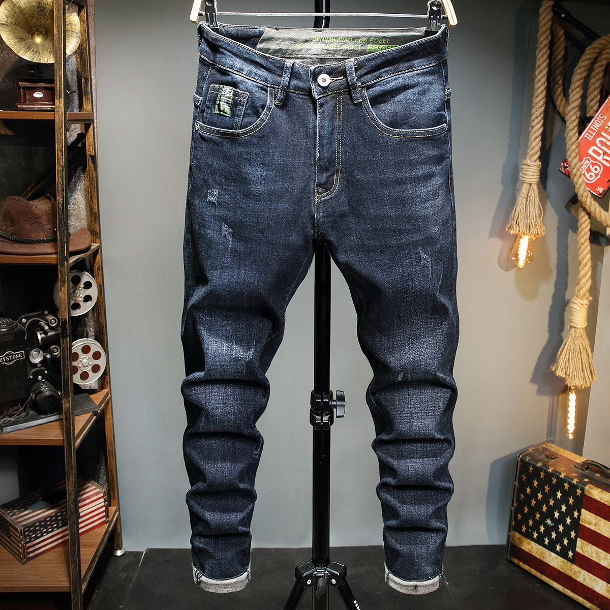 秋冬季高端牛仔裤男士薄绒修身小脚裤弹力抓绒潮牌磨毛休闲长裤子
