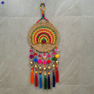 创意民族风圆形手工草编刺绣墙壁房门挂件孔雀荷花客厅墙面装饰