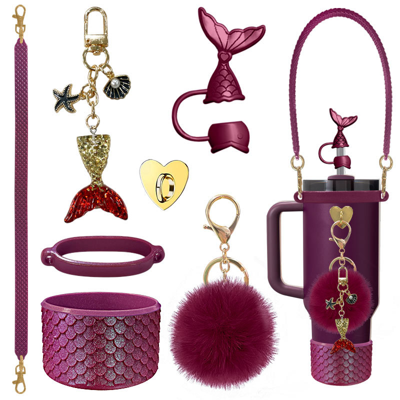 Stanley水杯套硅胶3D鱼鳞纹吸管帽人鱼编织纹杯链毛球美人鱼配饰