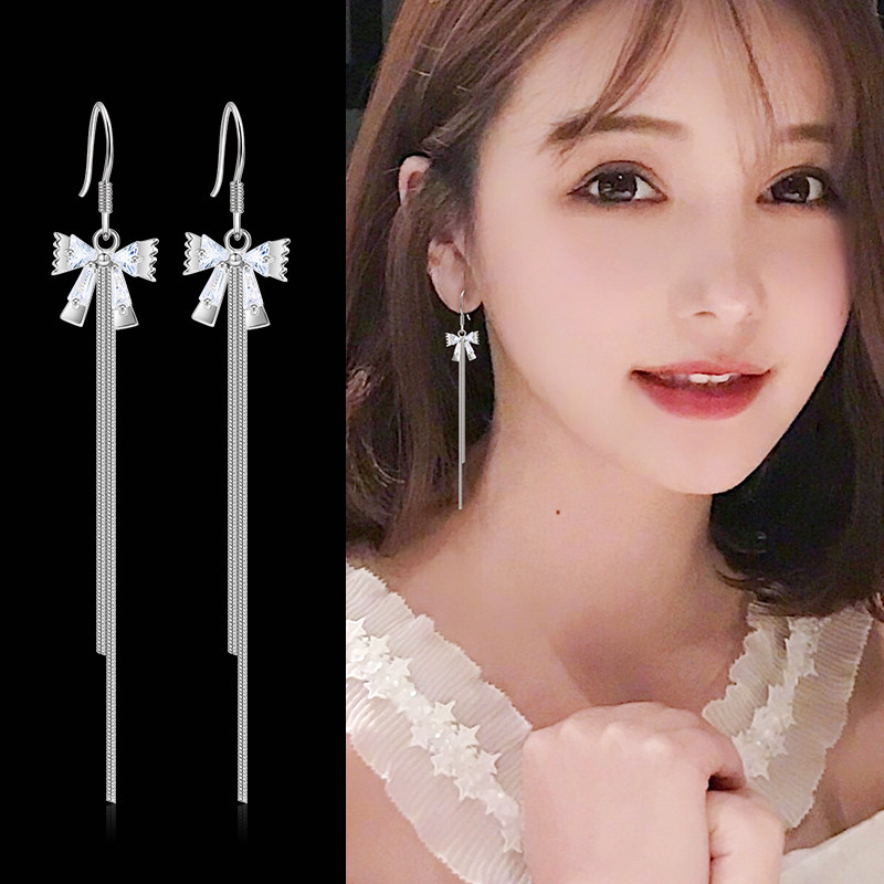 蝴蝶结耳钉女气质韩国简约长款流苏耳坠2021新款时尚可爱耳饰品潮