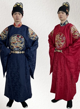 明制圆领袍汉服男款明朝红色中式婚服大襟四团龙纹婚袍曳撒春夏