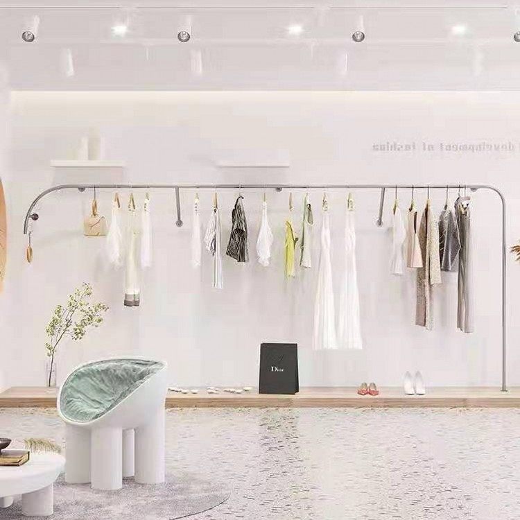 服装店上墙壁挂式展示架简约现代衣服挂架货架不锈钢拉丝银陈列架