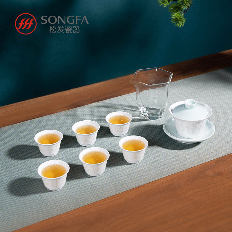 松发瓷器高颜值玲珑镂空茶具套装家用客厅陶瓷盖碗功夫茶杯
