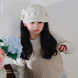 韩版女童白色铆钉装饰平顶帽女春夏时尚百搭遮阳帽气质帽子八角帽