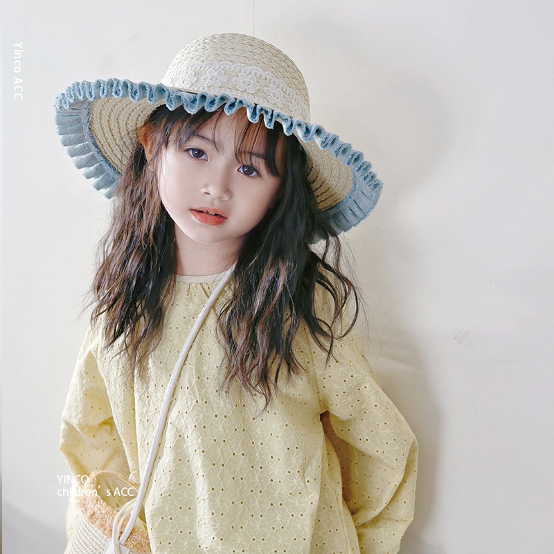 儿童帽子夏季牛仔草帽韩版洋气大帽檐遮阳帽女宝宝出游防晒公主帽