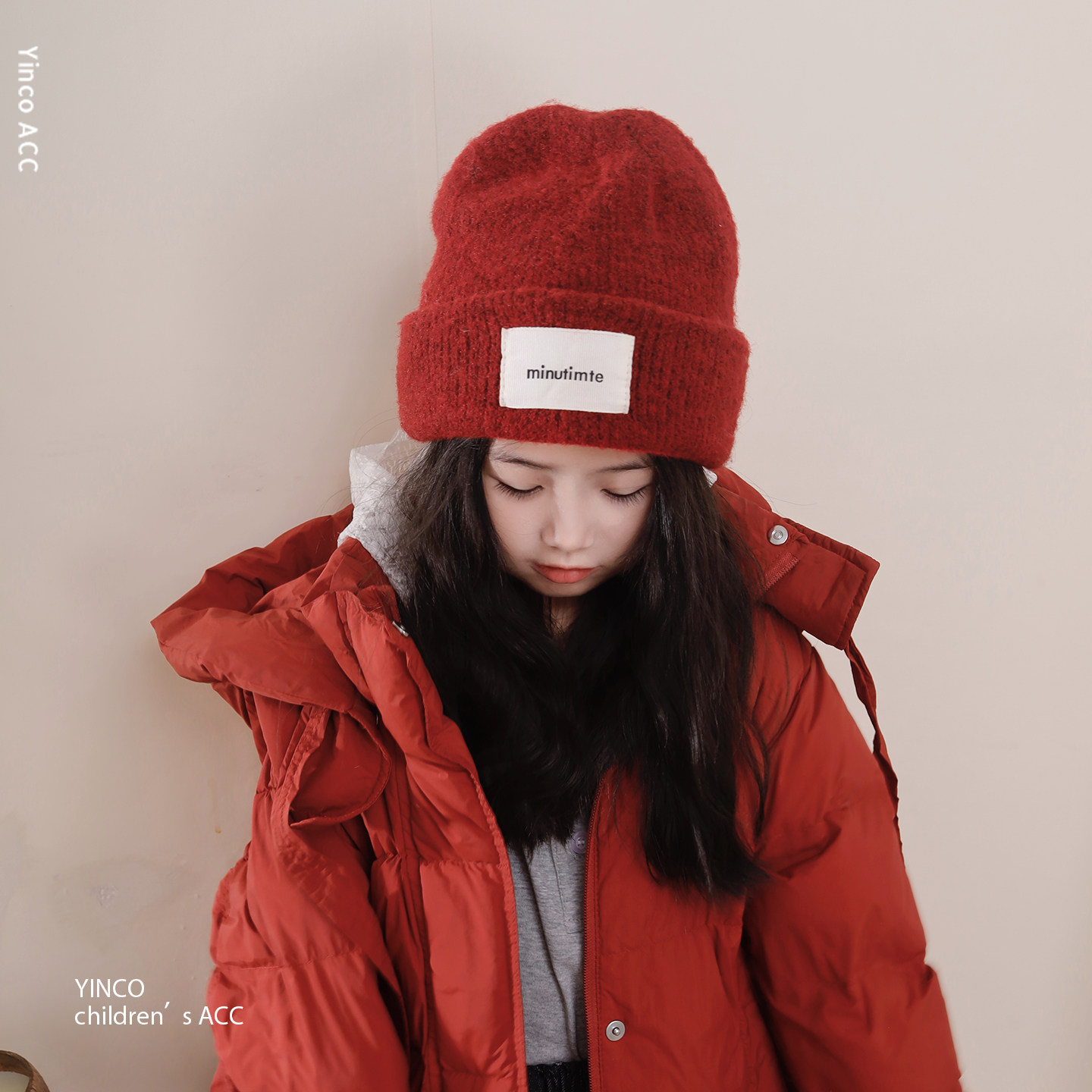 韩版红色儿童帽子冬季保暖毛线帽双层加厚显脸小宽松护耳针织帽