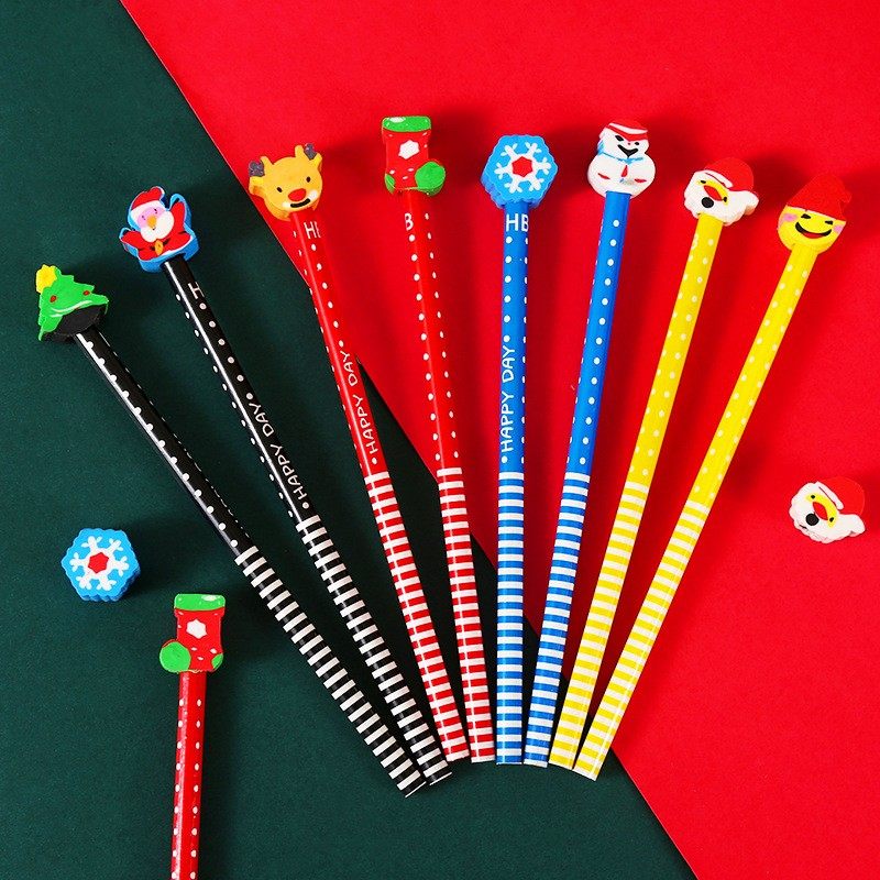 圣诞节铅笔带橡皮擦卡通可爱创意橡皮头圆杆原木铅笔小学生奖品新款铅笔幼儿园儿童写字铅笔高品质不易断