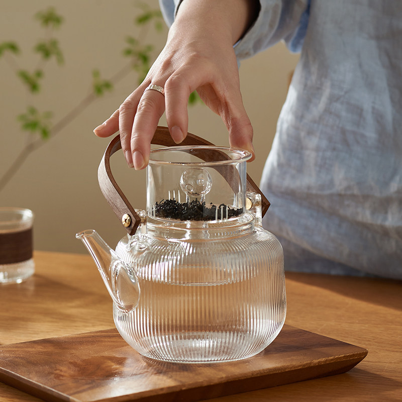 欧式耐热玻璃竖纹茶壶纯色