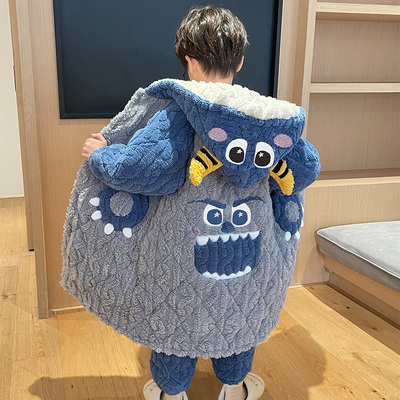 卡通法兰绒睡衣男童夹棉套装冬季