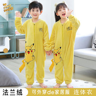 皮卡丘法兰绒儿童连体睡衣男童女孩宝睡袋秋冬保暖大童防踢家居服