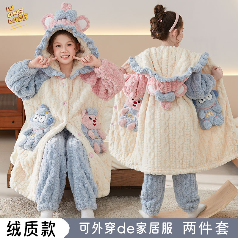 卡通新款儿童睡衣女童睡袍秋冬珊瑚绒加厚女孩亲子连帽家居服套装