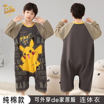 皮卡丘连体儿童睡衣男童纯棉春秋长袖男孩大童空调亲子家居服睡袋