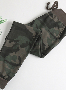 欧美大码秋款毛圈口袋迷彩潮运动裤抽绳松紧腰小脚裤女卫裤长裤