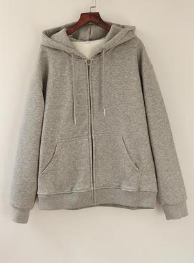 秋冬外套女连帽卫衣加绒加厚宽松大码新款灰色开衫秋冬加绒上衣女