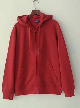 春秋纯色毛圈布拉链开衫连帽卫衣外套酒红色男女大码宽松oversize