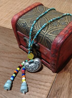 925银蓝松石米珠原创复古藏式毛衣链颈饰项链长链银如意锁