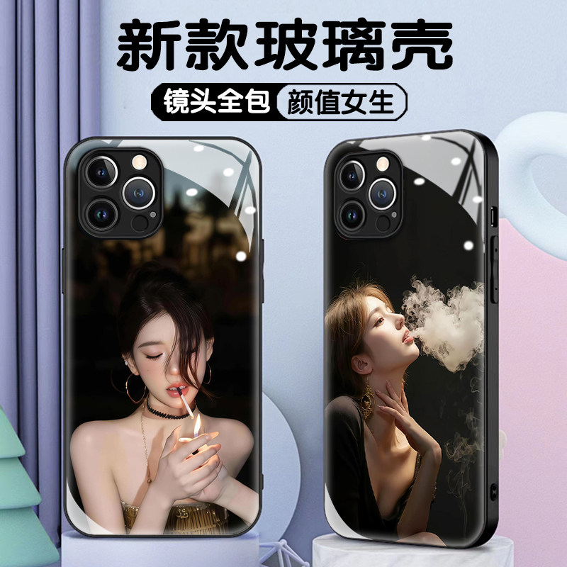 网络性感美女适用苹果17promax手机壳华为p80纯欲风身材小米15潮女正能量Reno14马甲线少女IQOO14钢化玻璃壳