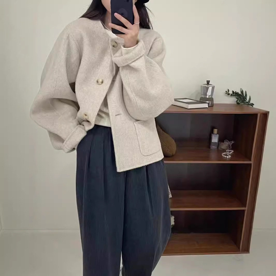 韩版双面呢羊绒大衣女小香风气质紫色小个子短款24圆领羊毛呢