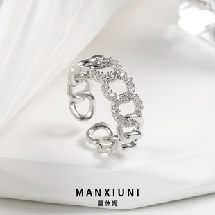 925银链条银色戒指女时尚2024新光面食指戒复古开口可调节指环